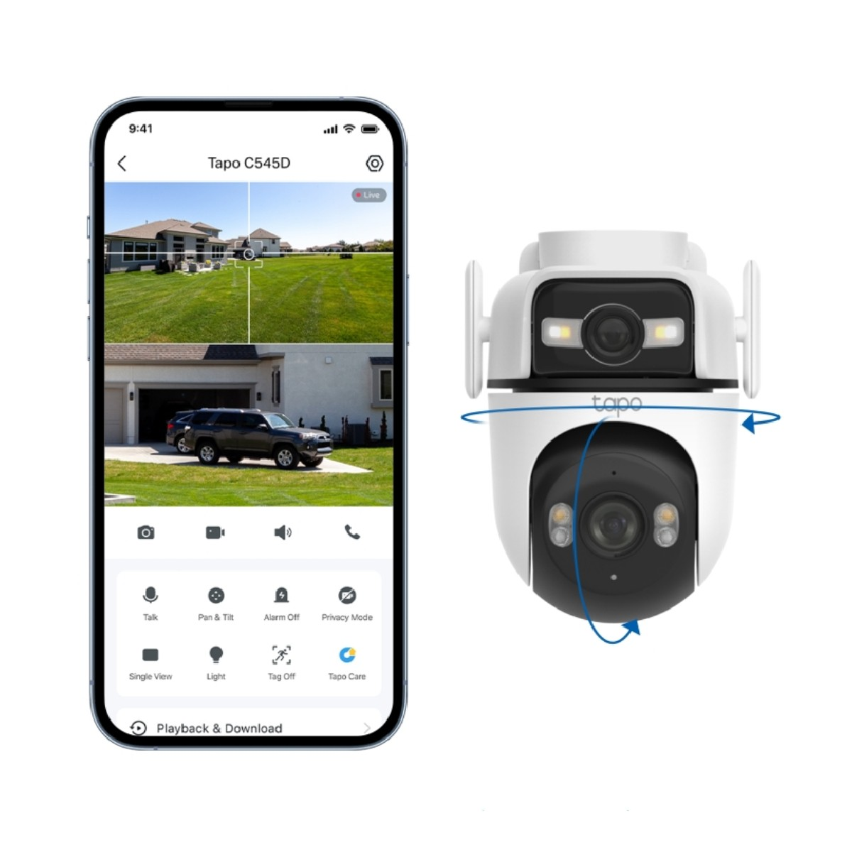 Uno smartphone mostra un'app di telecamera di sicurezza con due feed video e controlli.