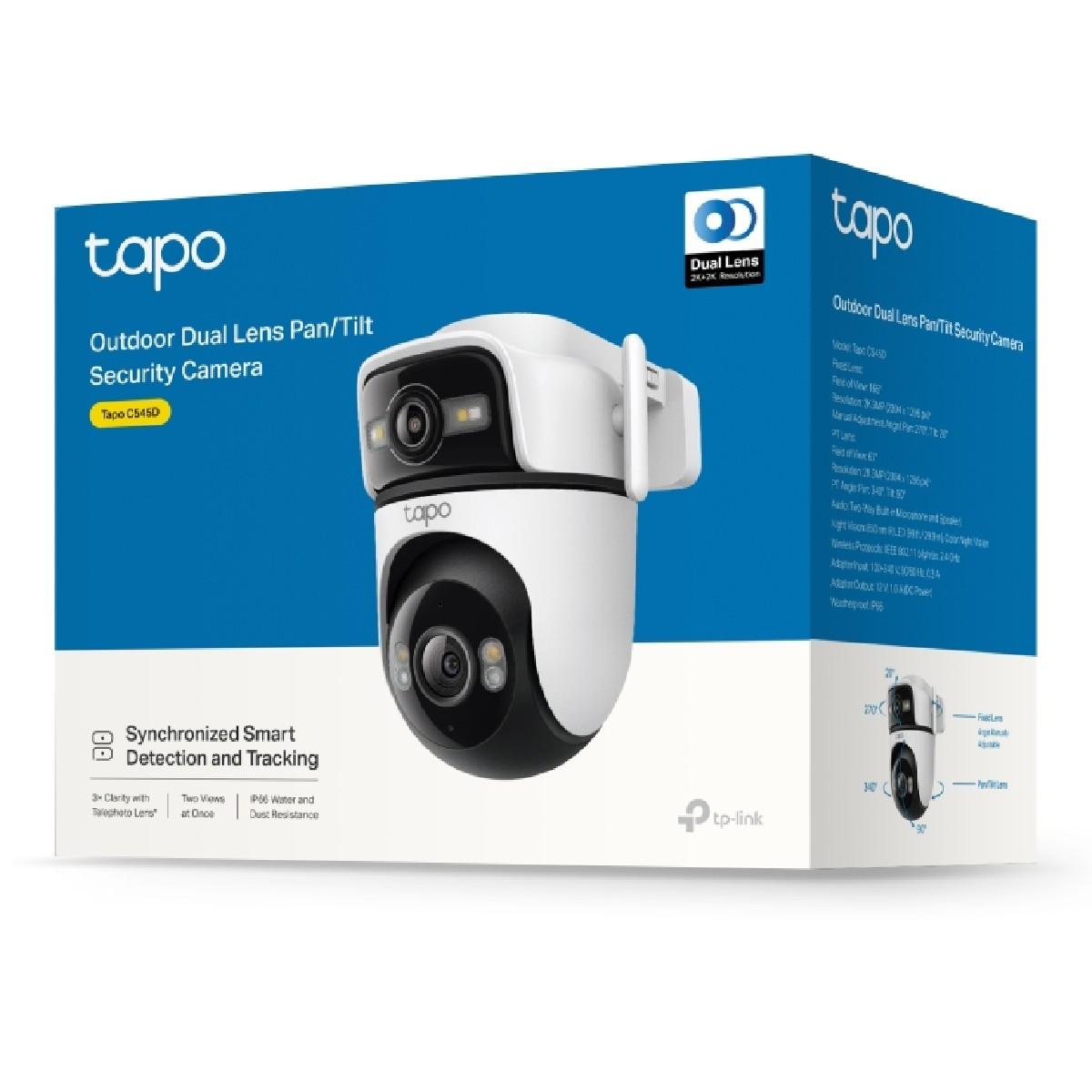 Scatola telecamera di sicurezza Tapo C5450 Dual-Lens Outdoor Pan/Tilt con immagine della telecamera.