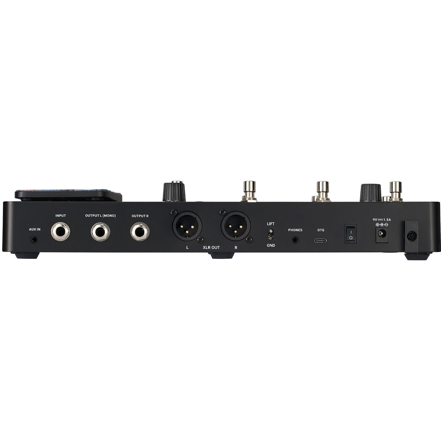 AUX IN, INPUT, OUTPUT L, OUTPUT R, XLR OUT, LIFT, PHONES, OTG, GND bağlantı noktalarına sahip siyah ses cihazının arkası.