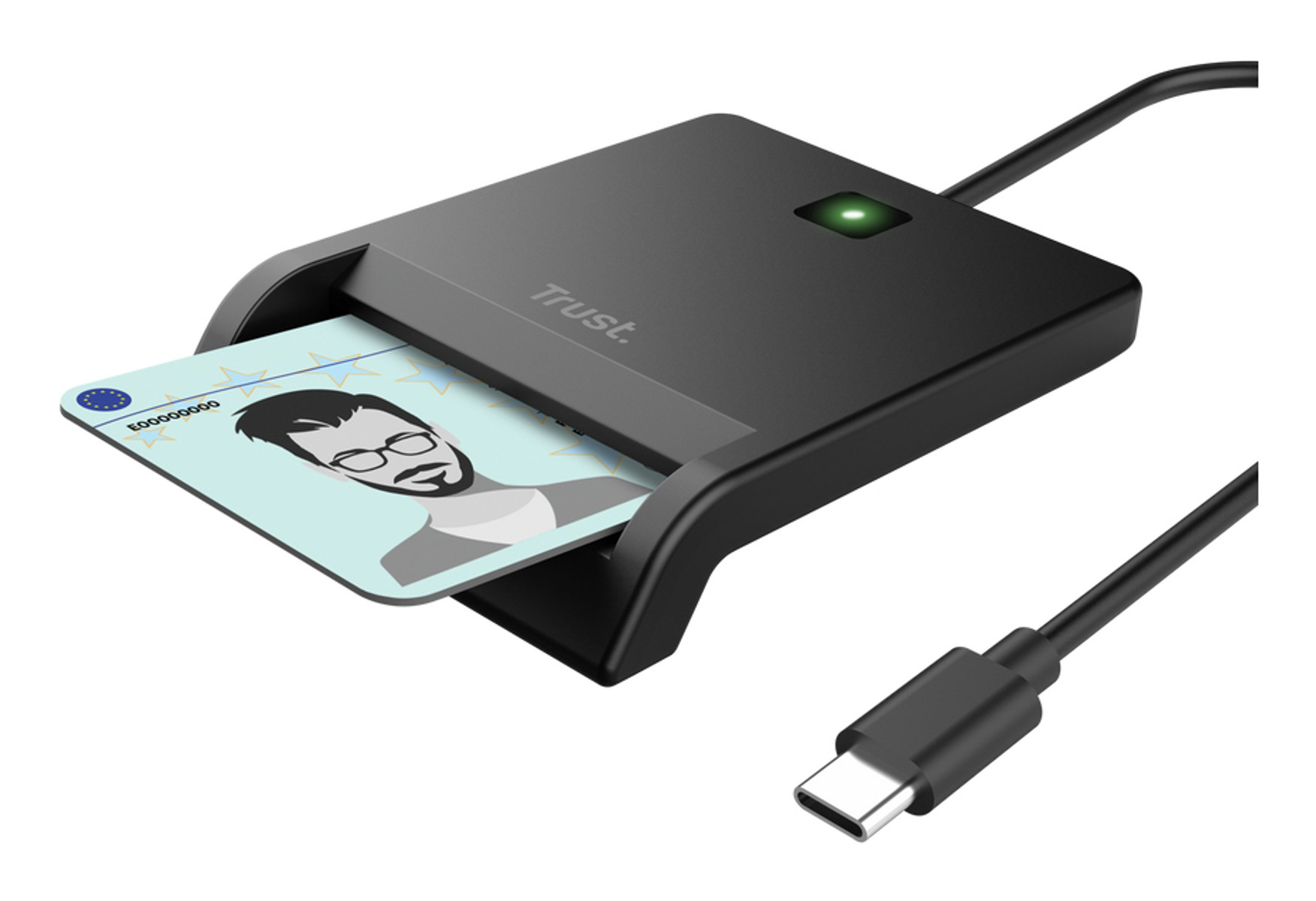 Ein schwarzer Kartenleser mit einem Ausweis und USB-C-Kabel, grüner LED.