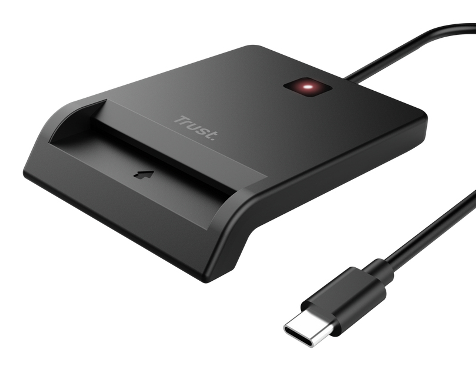 Ein schwarzer Trust-Kartenleser mit USB-C-Kabel und roter Kontrollleuchte.