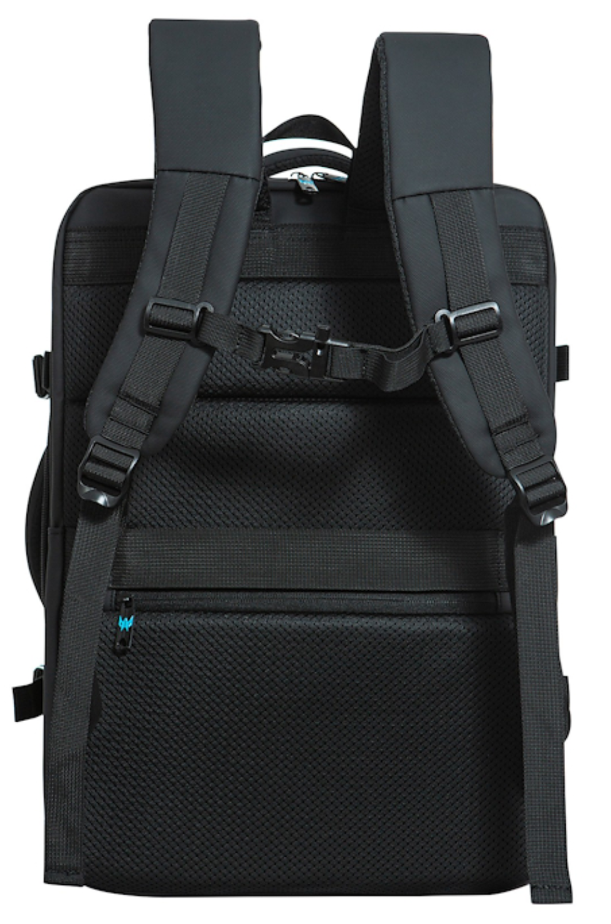Vista trasera de una mochila negra con correas acolchadas, hebillas y tejido de malla.