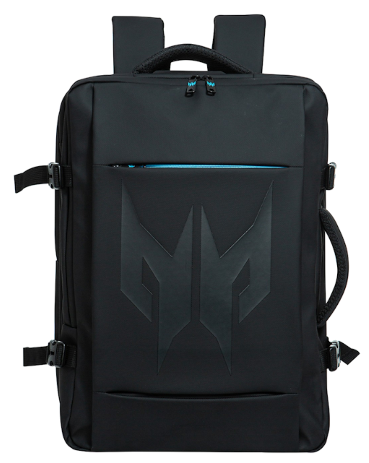 Una mochila negra con un gran logo oscuro al frente y detalles azules en la cremallera.