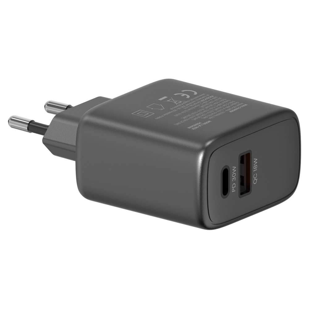 Ciemnoszara ładowarka sieciowa USB-C z dwoma portami: PD 30W i QC 18W.