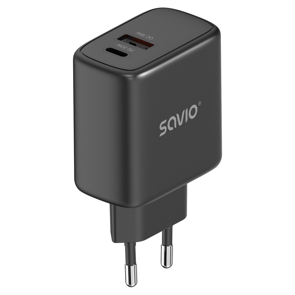 Czarna, kompaktowa ładowarka USB z dwoma portami: PD 30W i QC 18W.
