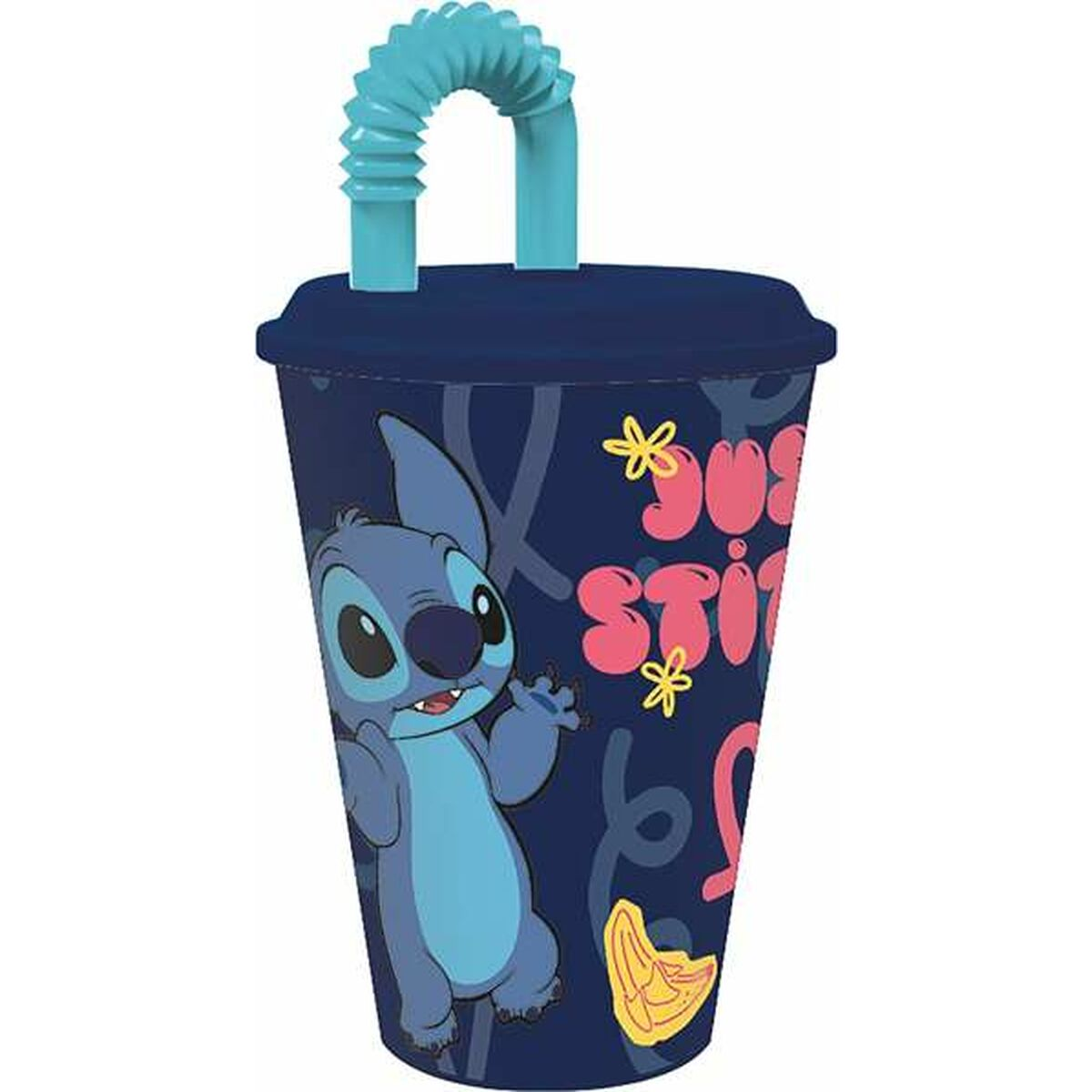 Una tazza blu scuro con cannuccia blu. Stitch è raffigurato su di essa.