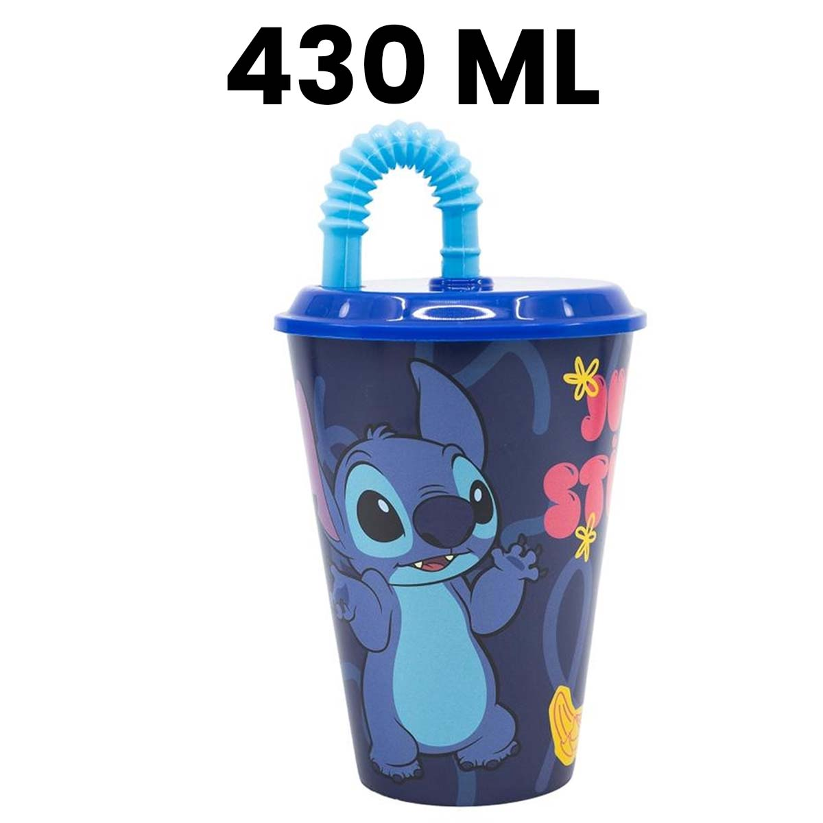 Tazza blu scuro con Stitch e cannuccia blu. Capacità 430 ml.