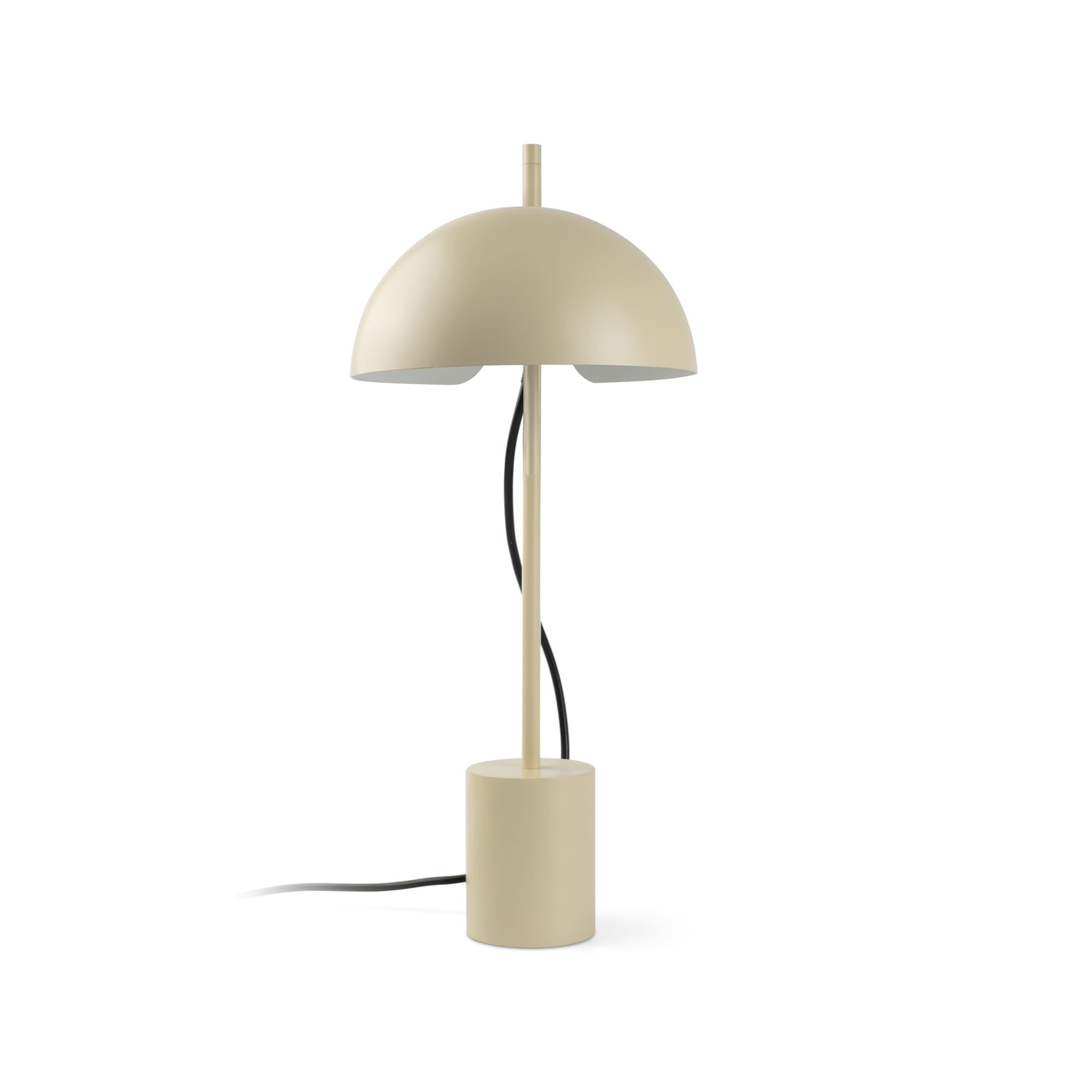 Lampada da tavolo color crema con base e paralume rotondi.