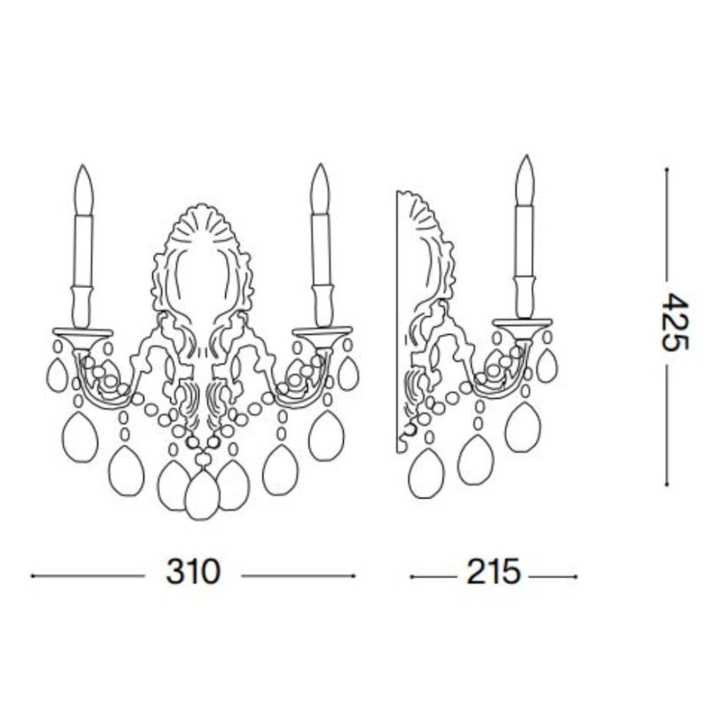 Due applique da parete con cristalli e forme di candela, dimensioni 310 e 425.