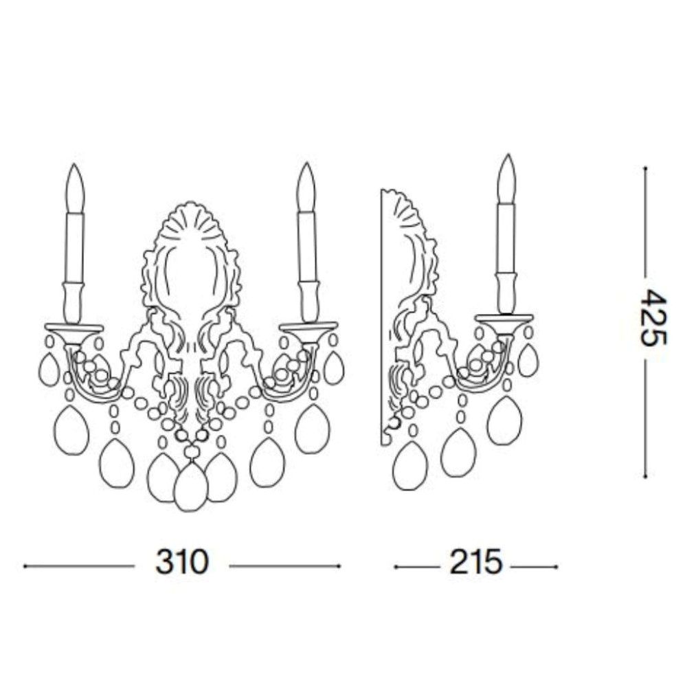 Due applique da parete con gocce di cristallo e forme di candela. Dimensioni indicate.