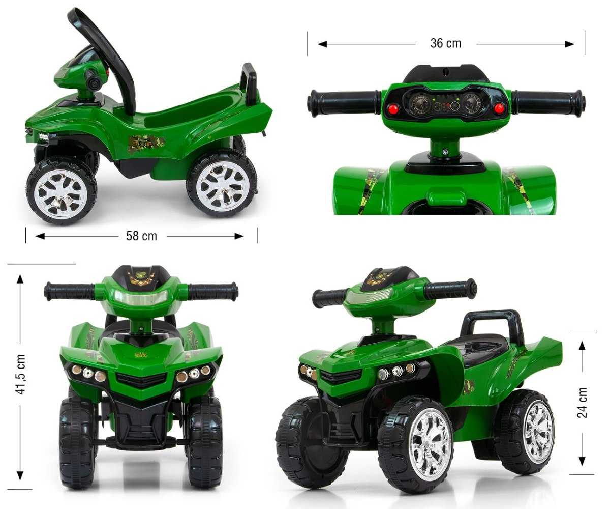 Grünes Kinder-Quad mit Lenker, Scheinwerfern, Rädern und Maßen.