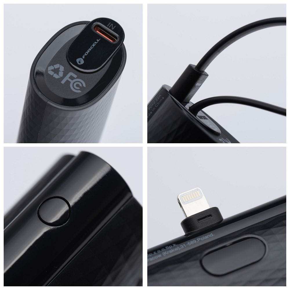 Cable de carga negro con logo "IN" y FC, y un conector Lightning.