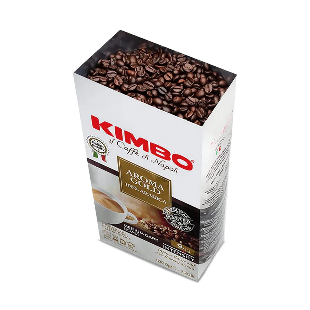 Sacchetto di caffè Kimbo Aroma Gold con chicchi interi, tazza di caffè e testo.