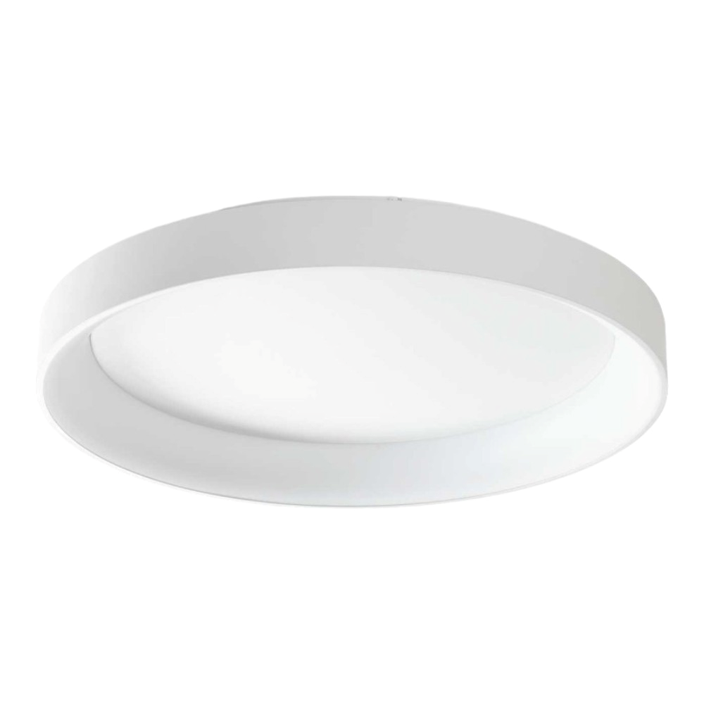 Una lampada da soffitto rotonda e bianca dal design semplice.