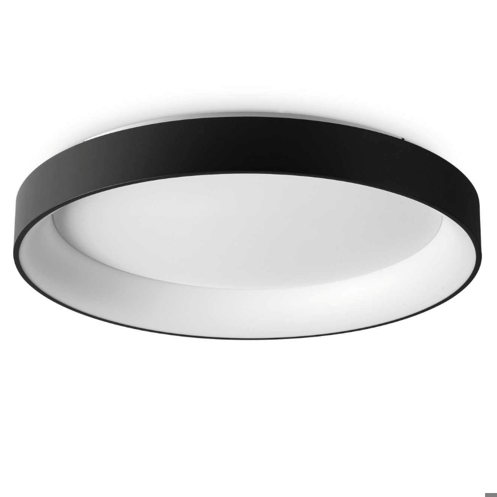 Lampada da soffitto rotonda con bordo nero e centro bianco.