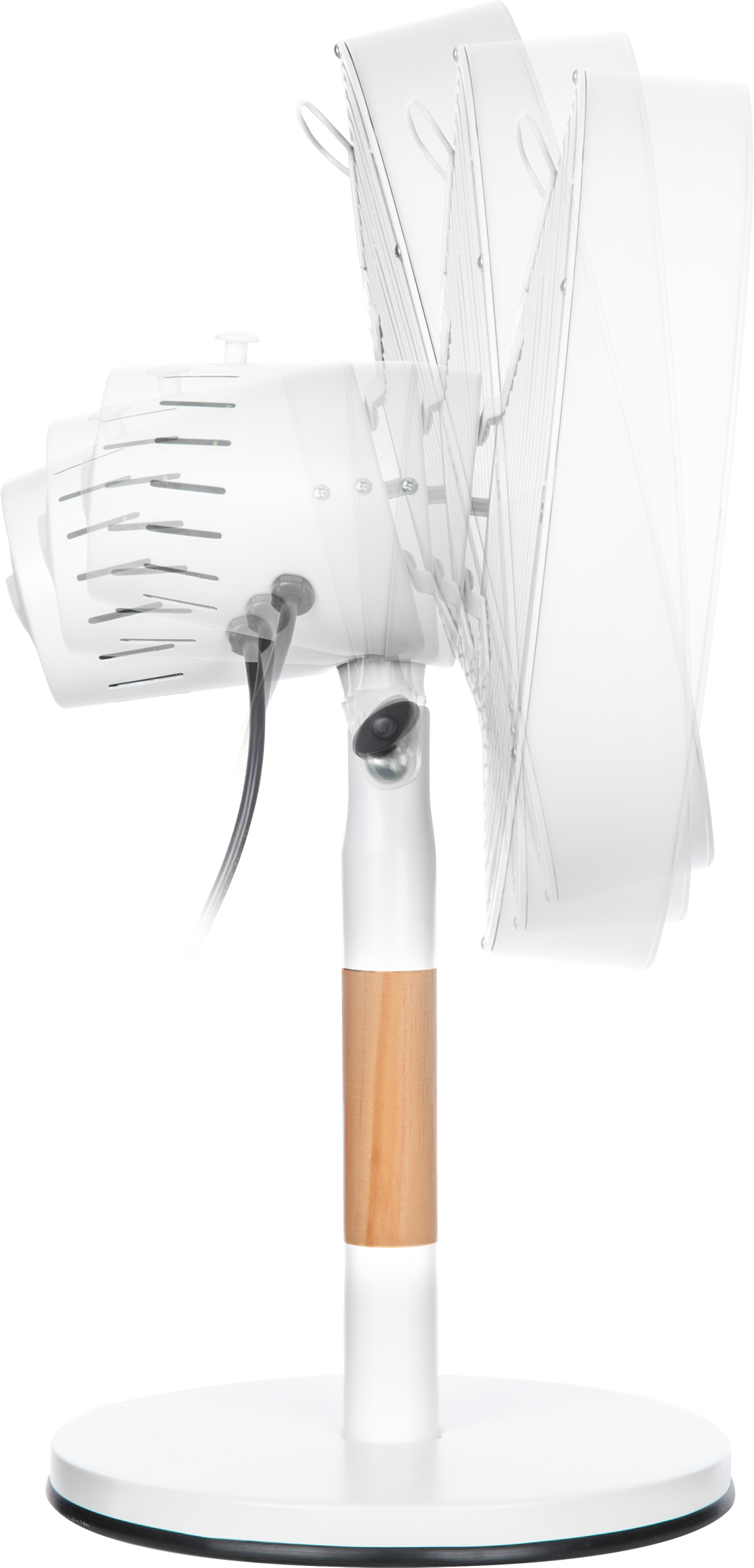Un ventilateur sur pied blanc avec un accent en bois et une tête oscillante.