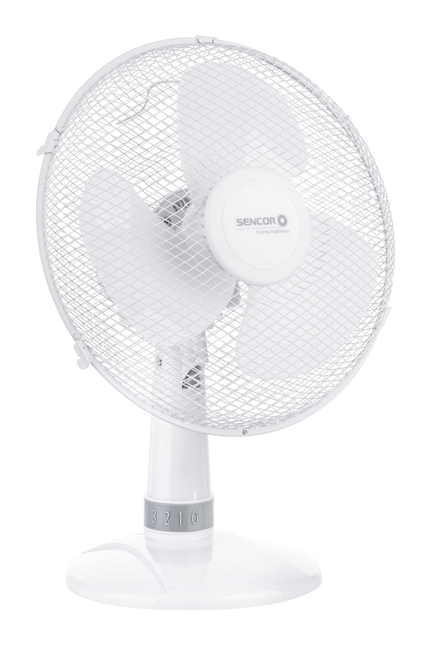 Un ventilateur de table blanc avec trois pales et une grille de protection.