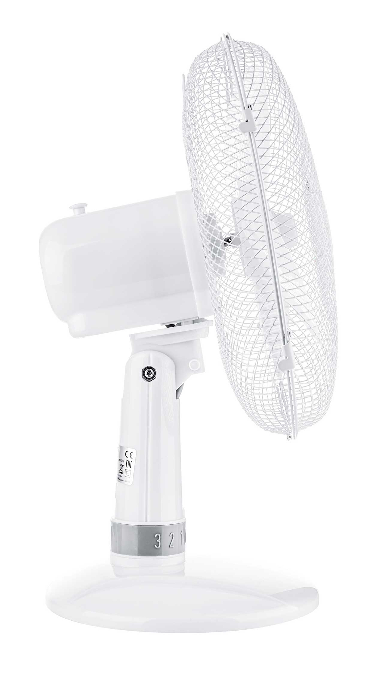 Un ventilateur de table blanc avec une base ronde et une tête réglable.