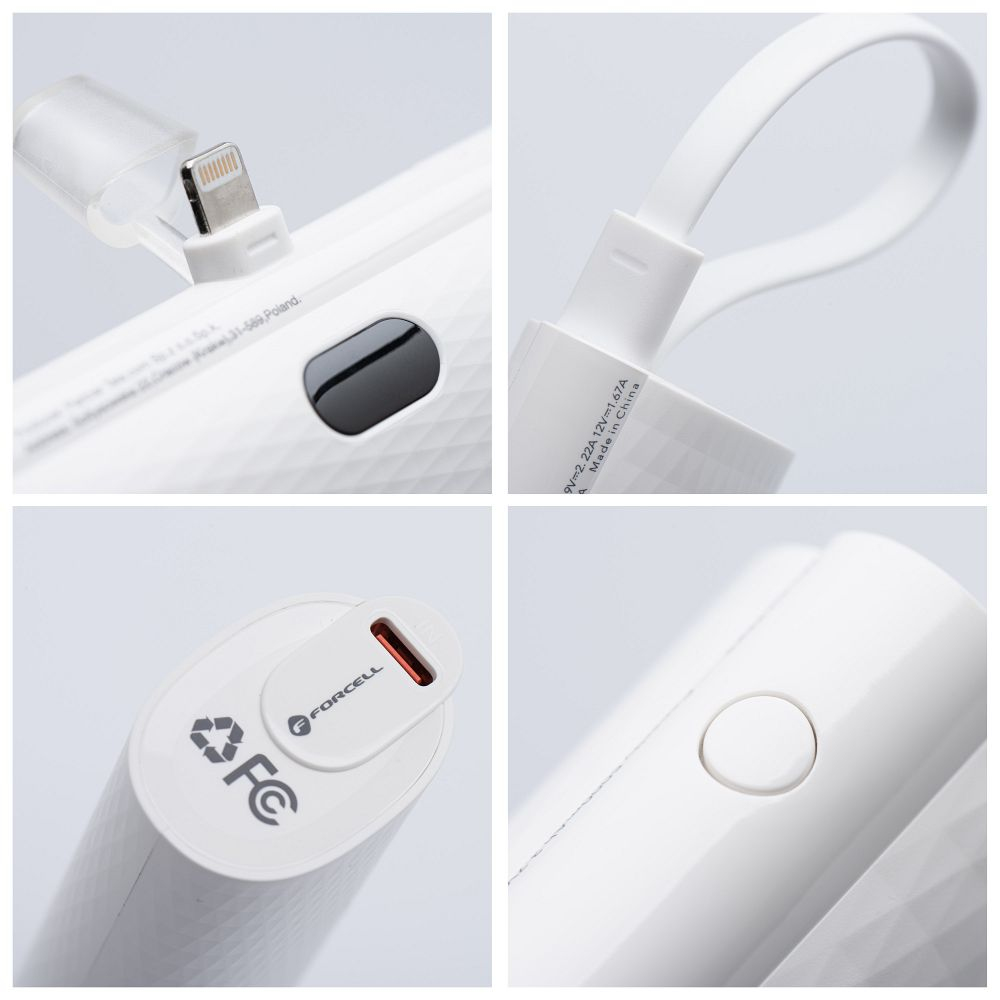 Weiße Powerbank mit Ladeanschluss, USB-C und Lightning-Kabel.