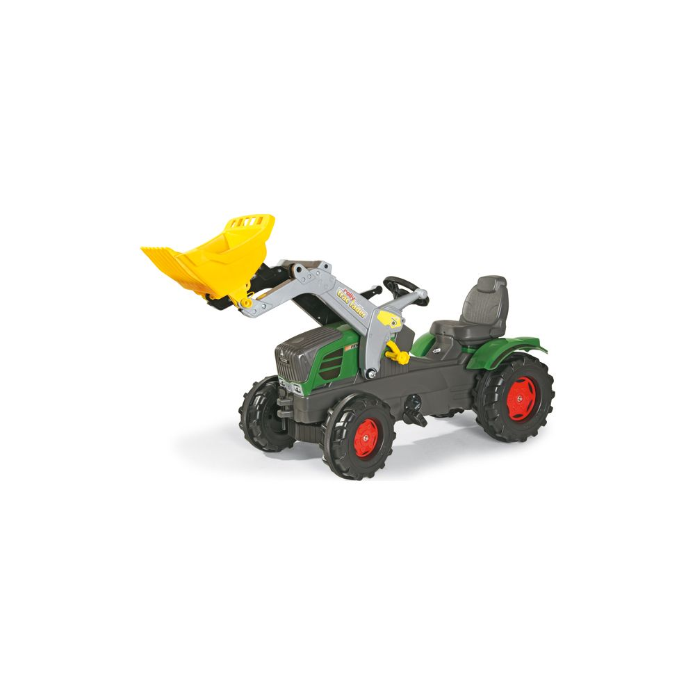 Ein grüner Spielzeugtraktor mit gelber Ladeschaufel und roten Felgen.