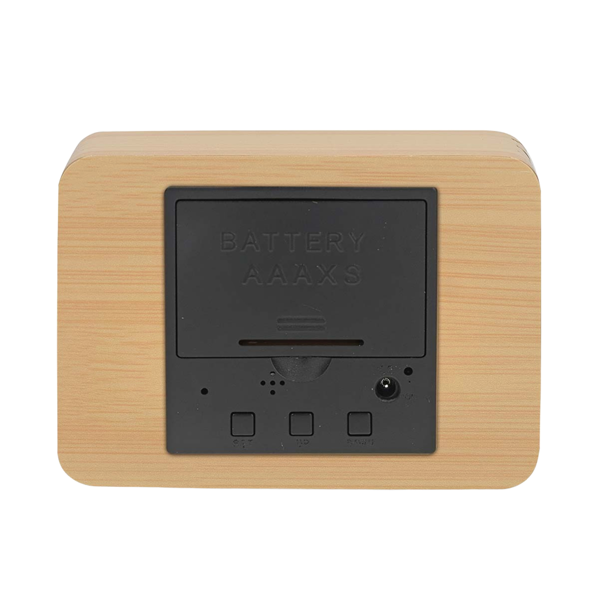 Il retro di una sveglia in legno con vano batteria e pulsanti.
