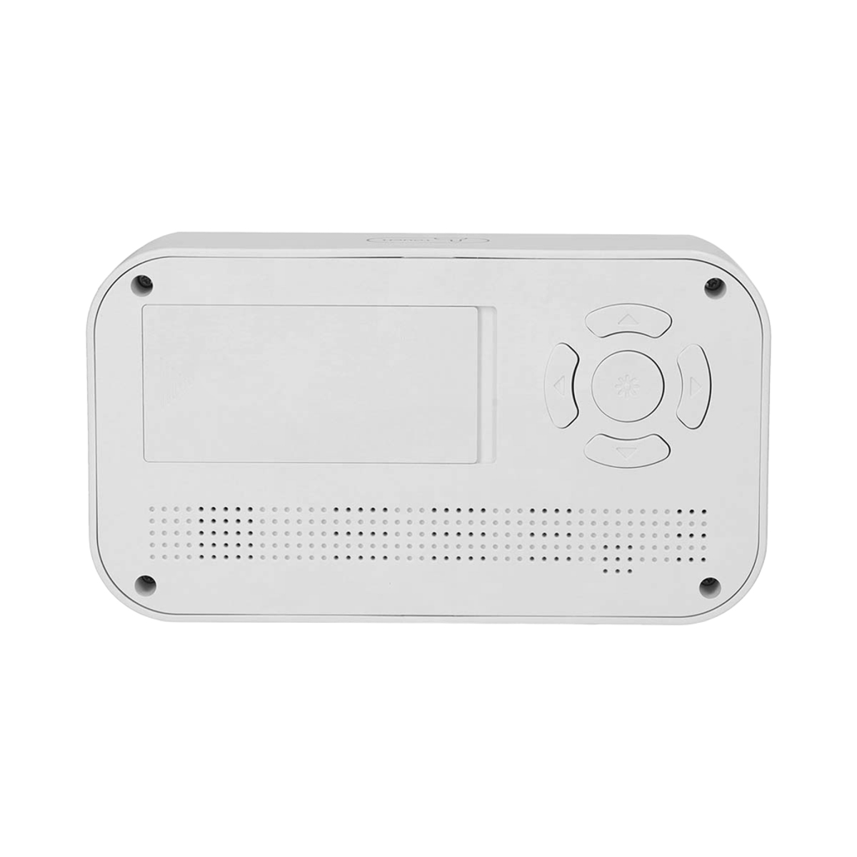 Retro di un dispositivo bianco con pannello rettangolare, pulsanti e fessure di ventilazione.