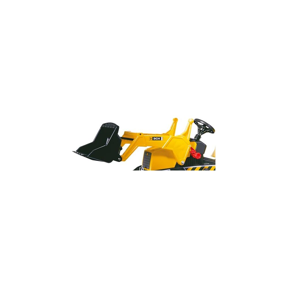 Gelber Bagger mit schwarzer Schaufel und schwarzem Lenkrad.