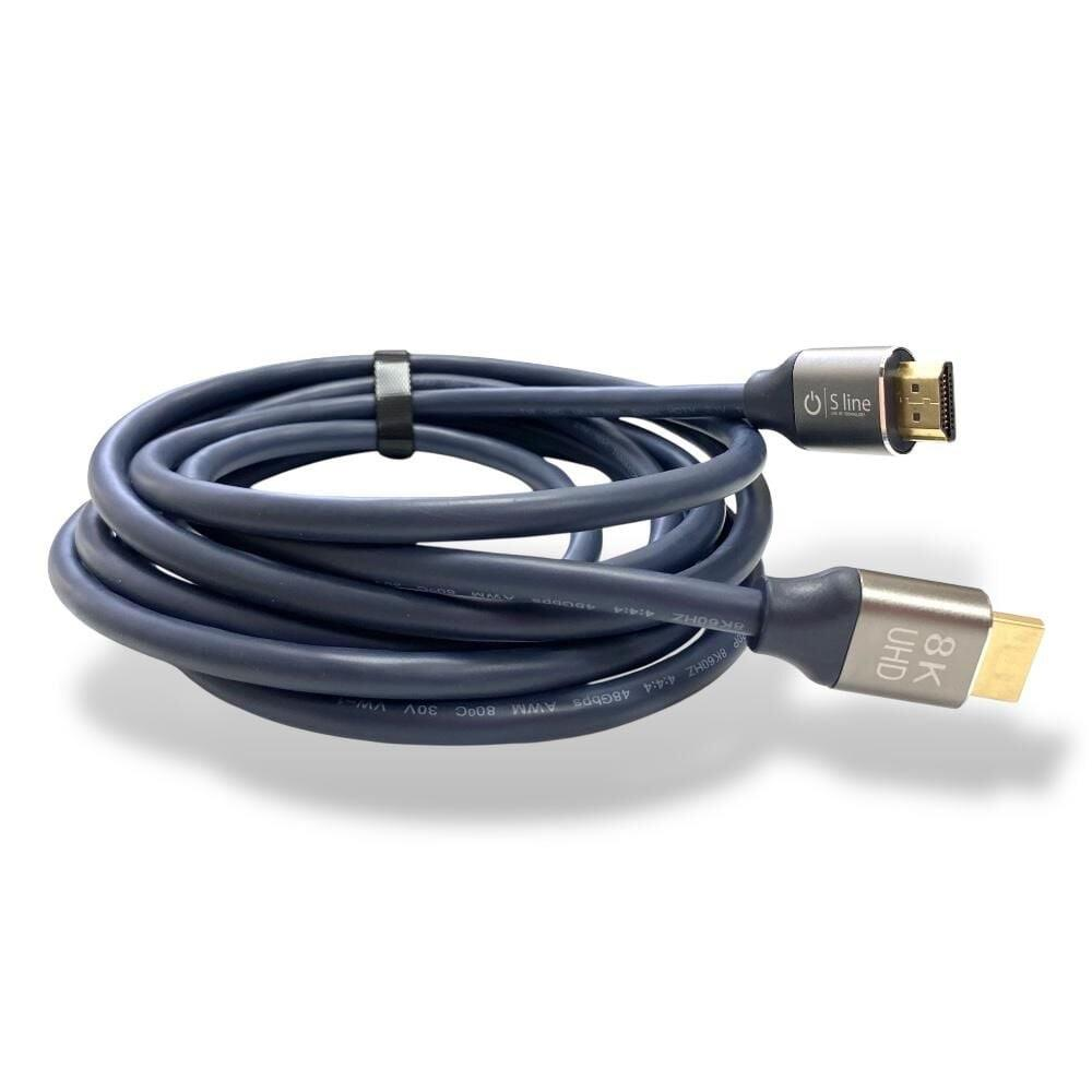 8K UHD ve Sline logolu koyu mavi HDMI kablosu sarılıdır.