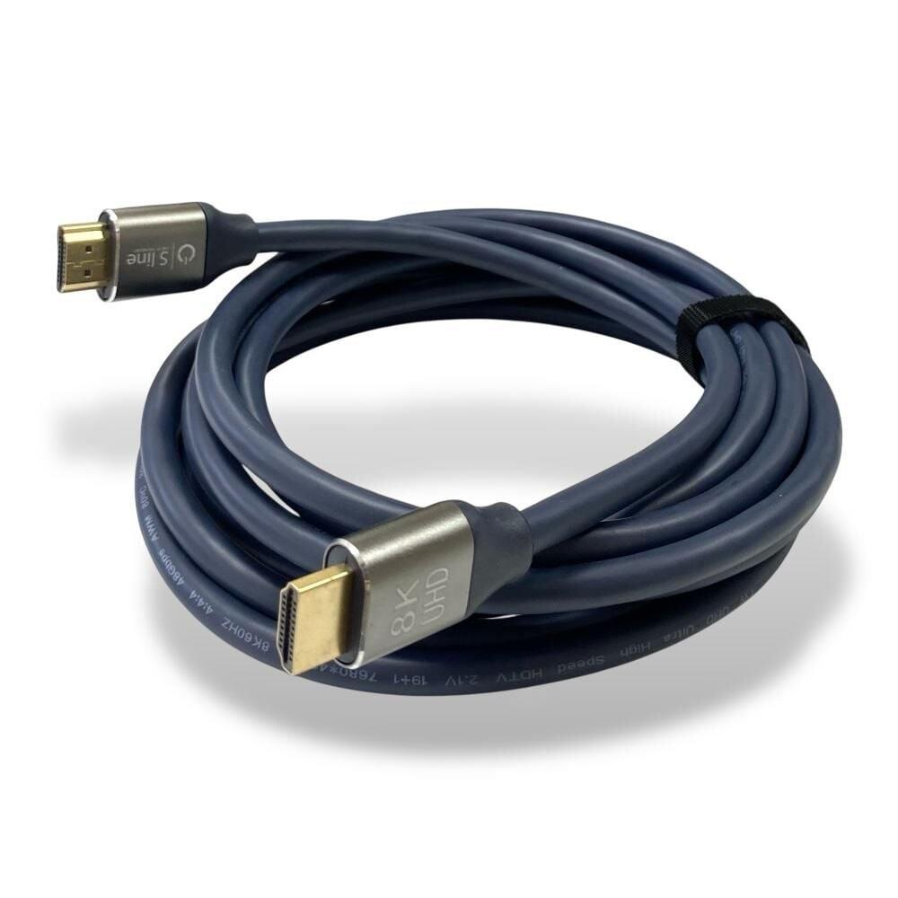 8K UHD etiketli altın kaplama konektörlere sahip, sarılmış koyu mavi HDMI kablosu.