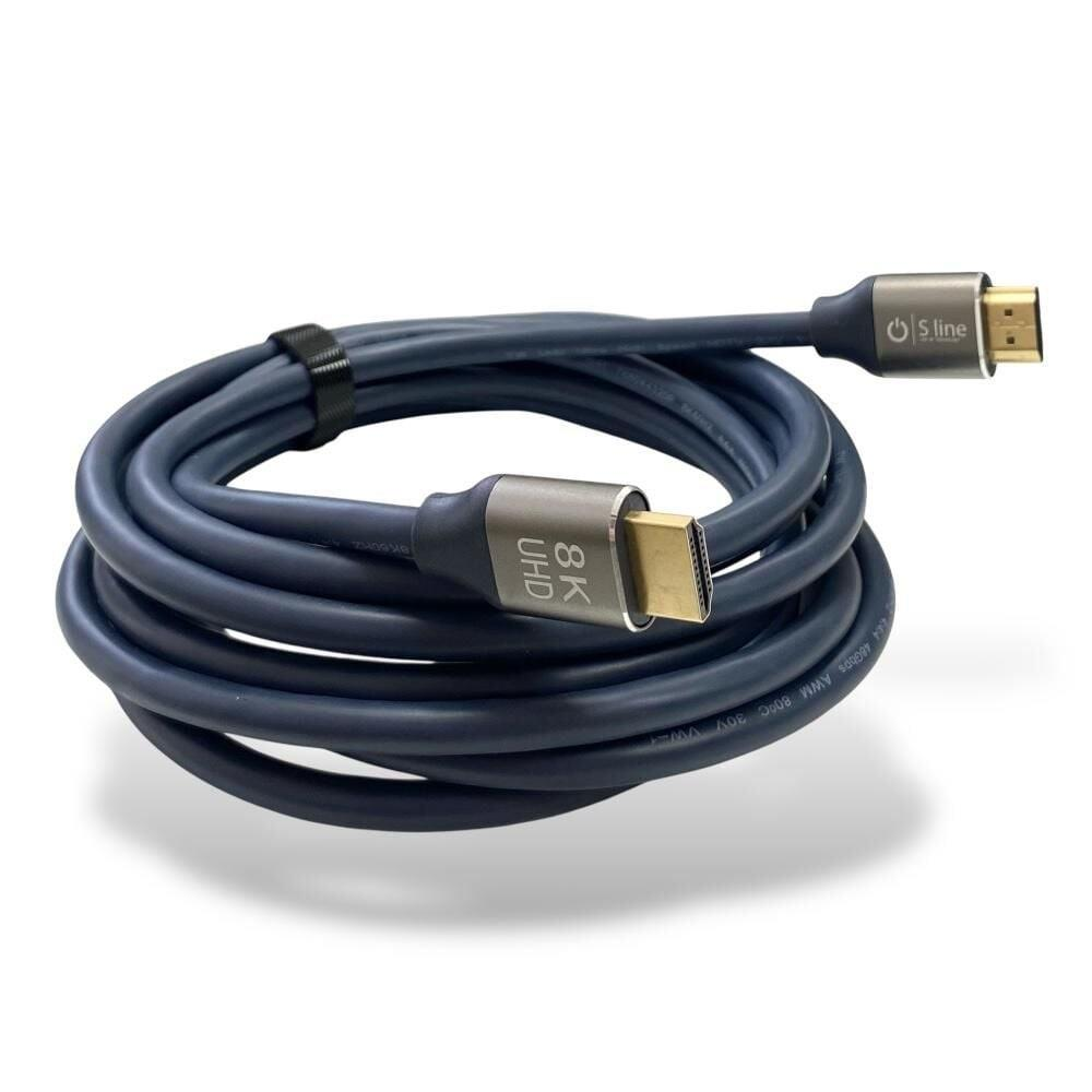 Altın konektörlü, sarılmış siyah 8K UHD HDMI kablosu.