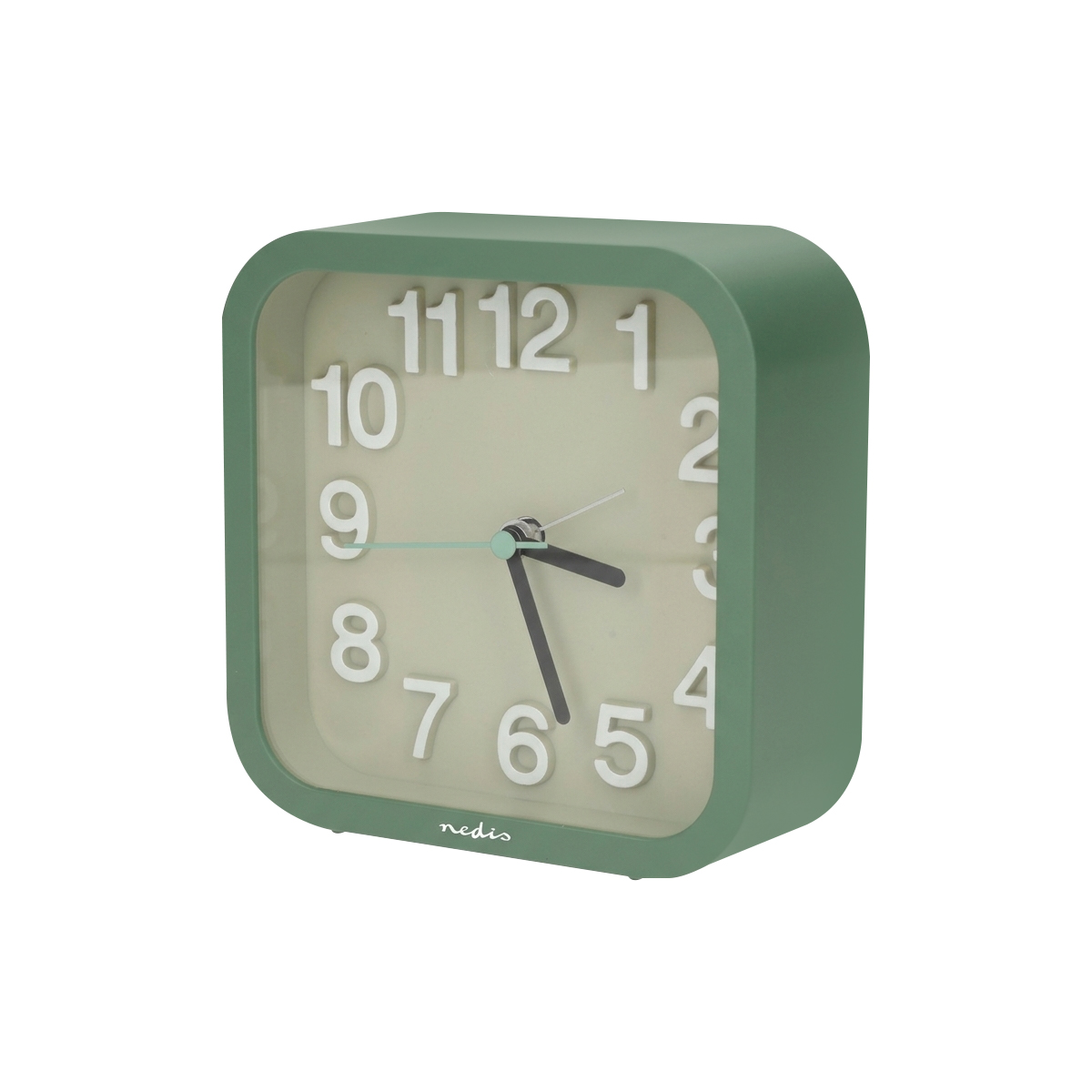 Sveglia verde con quadrante beige chiaro e numeri bianchi, mostra le 10:09.