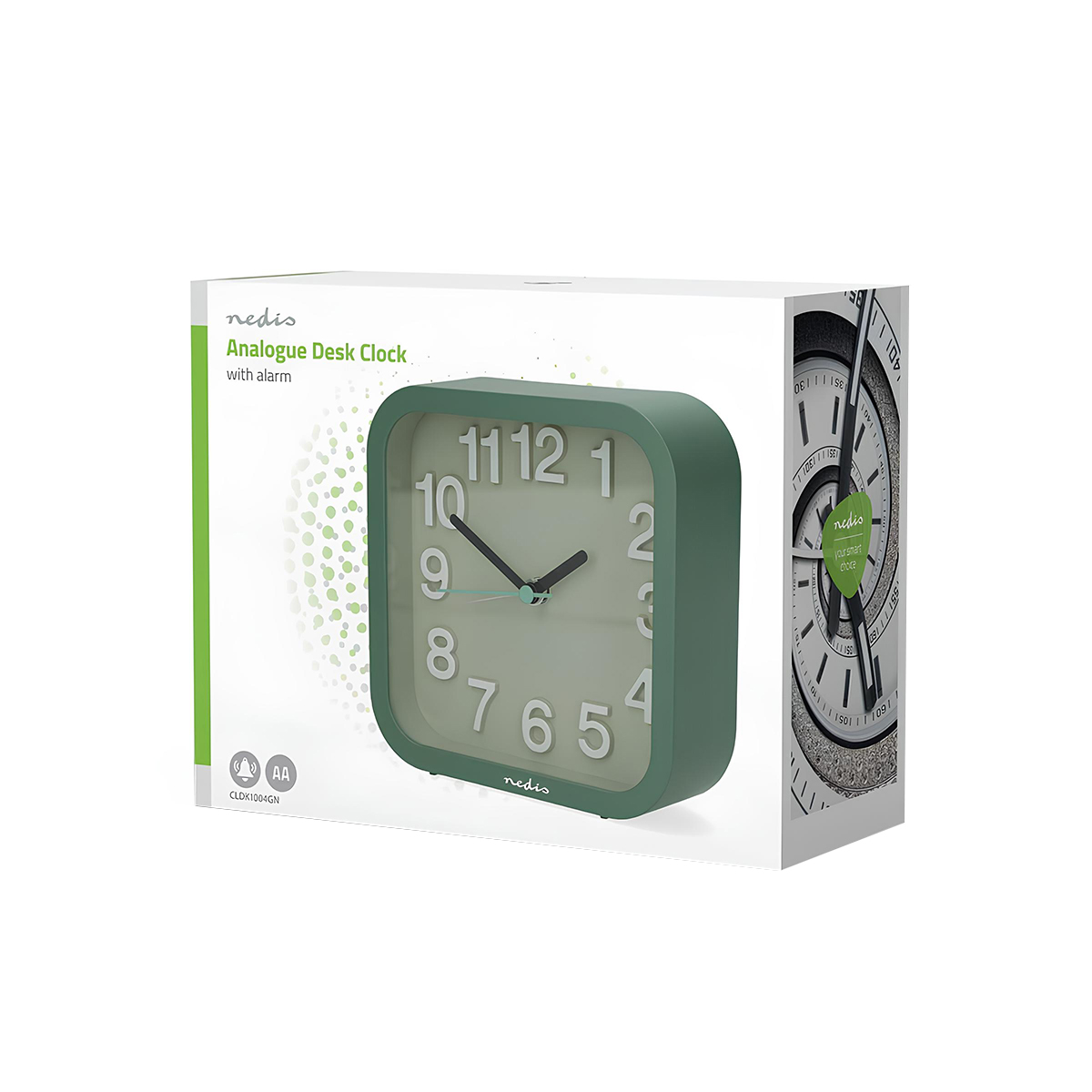 Orologio analogico da tavolo Nedis verde con quadrante bianco e sveglia.