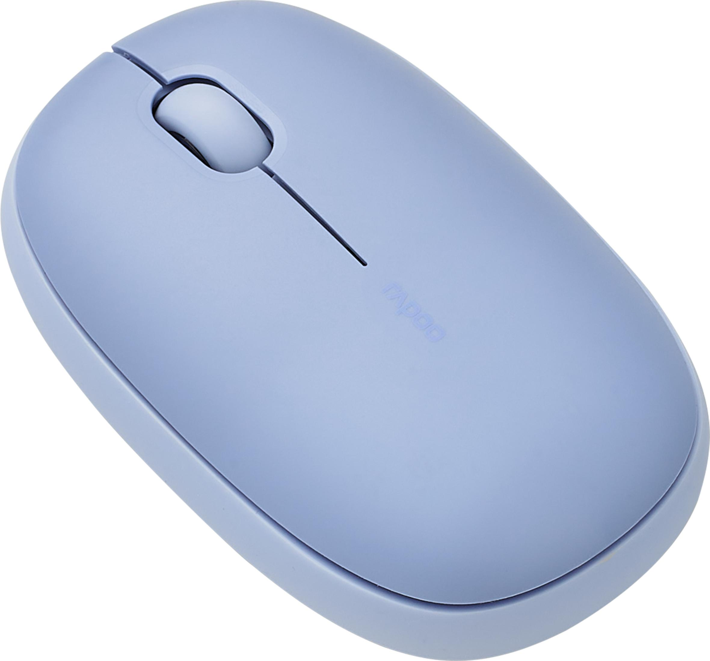 Un mouse per computer blu chiaro con rotellina e logo.