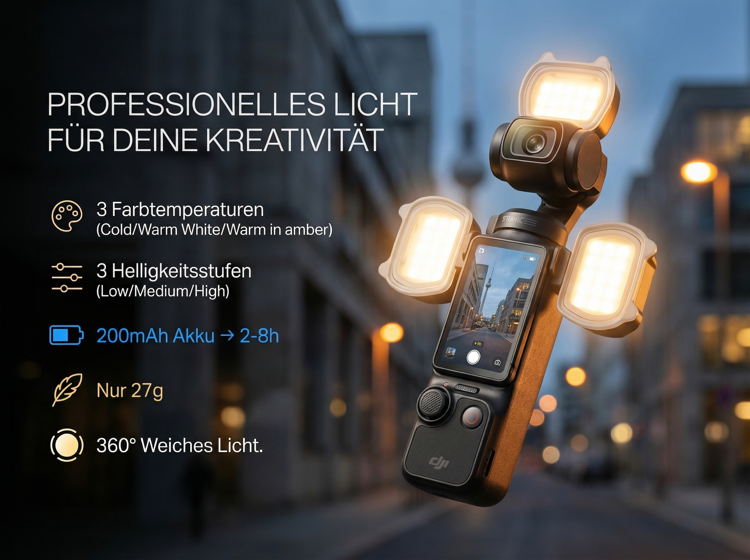 Kamera mit Lichtern, Stadtansicht auf dem Bildschirm. 3 Lichtmodi.