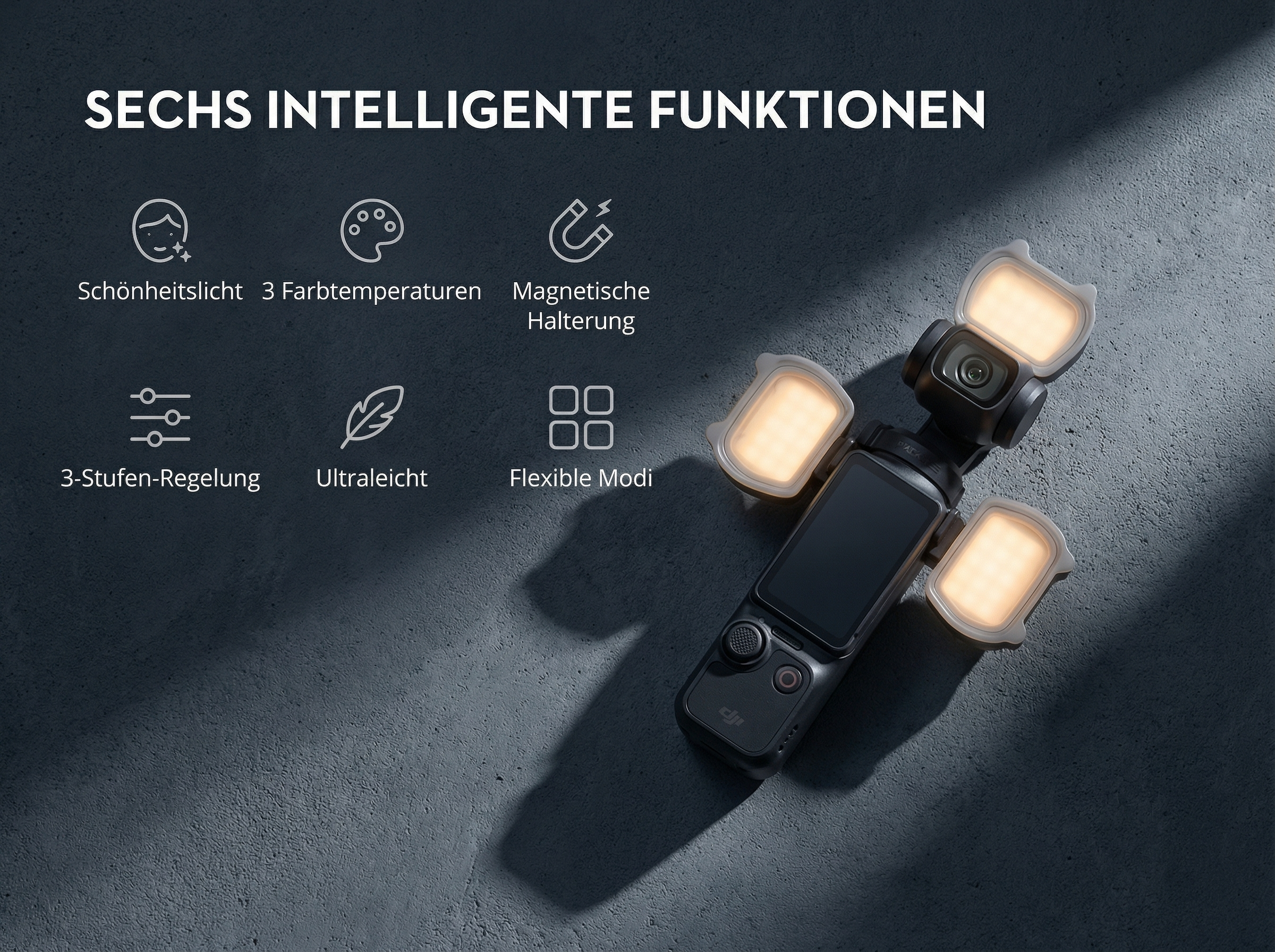 Ein schwarzes Gimbal mit drei Lichtern auf einem dunklen, strukturierten Hintergrund.