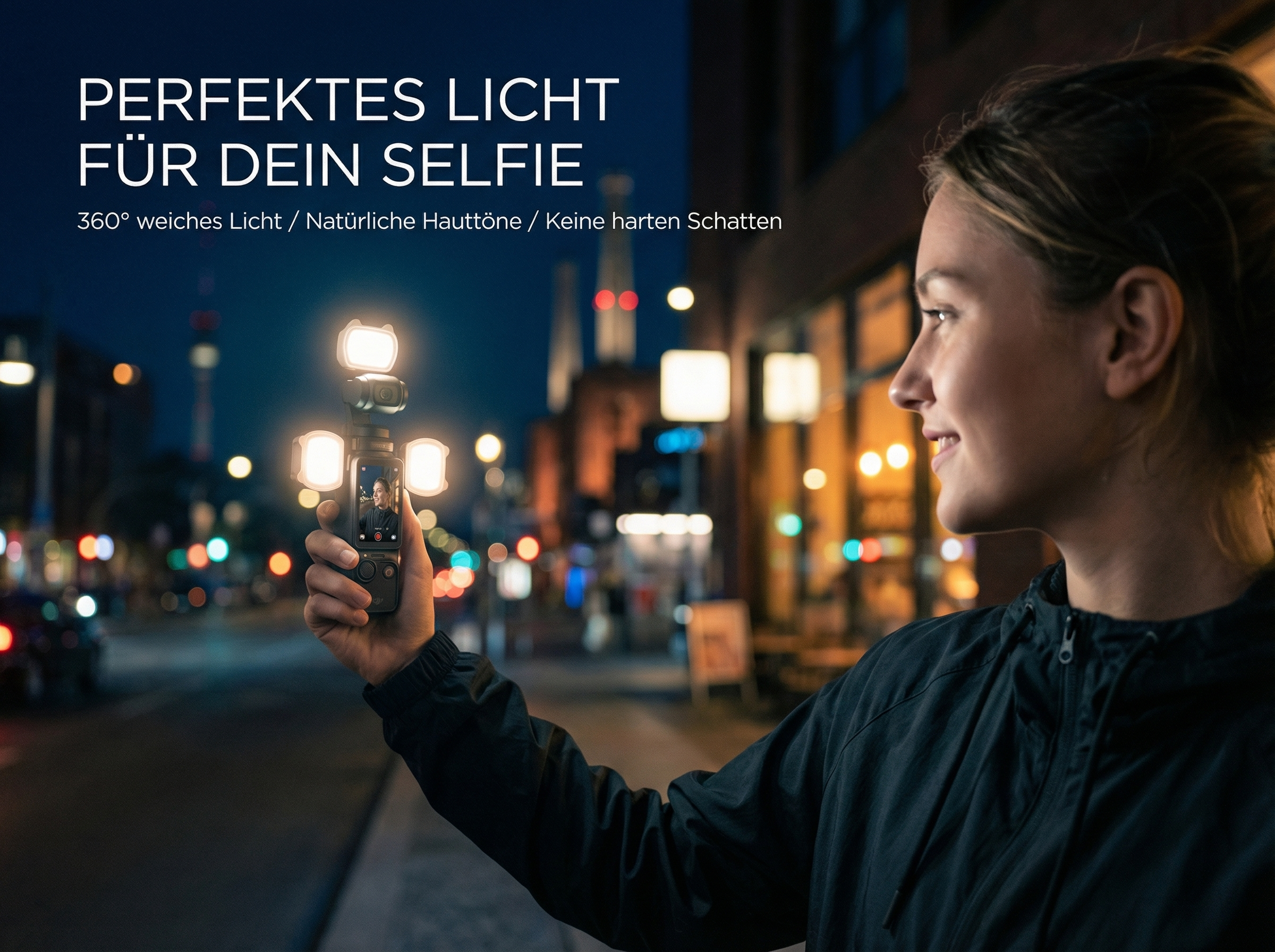 Eine Frau macht ein Selfie mit einem Gimbal und Lichtern bei Nacht auf einer belebten Straße.