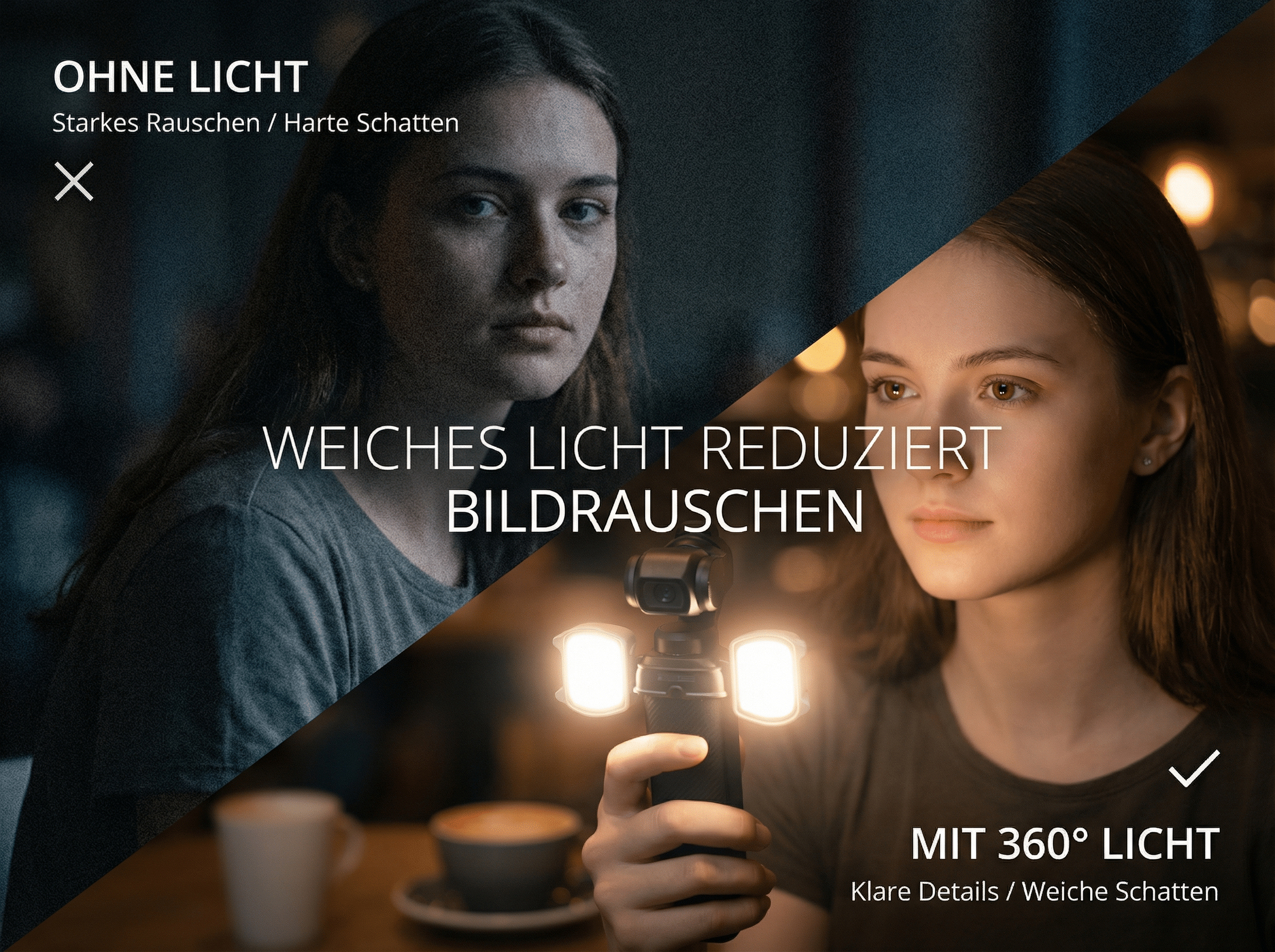 Zwei Frauen im Vergleich: Eine ohne Licht mit Rauschen, die andere mit 360° Licht.