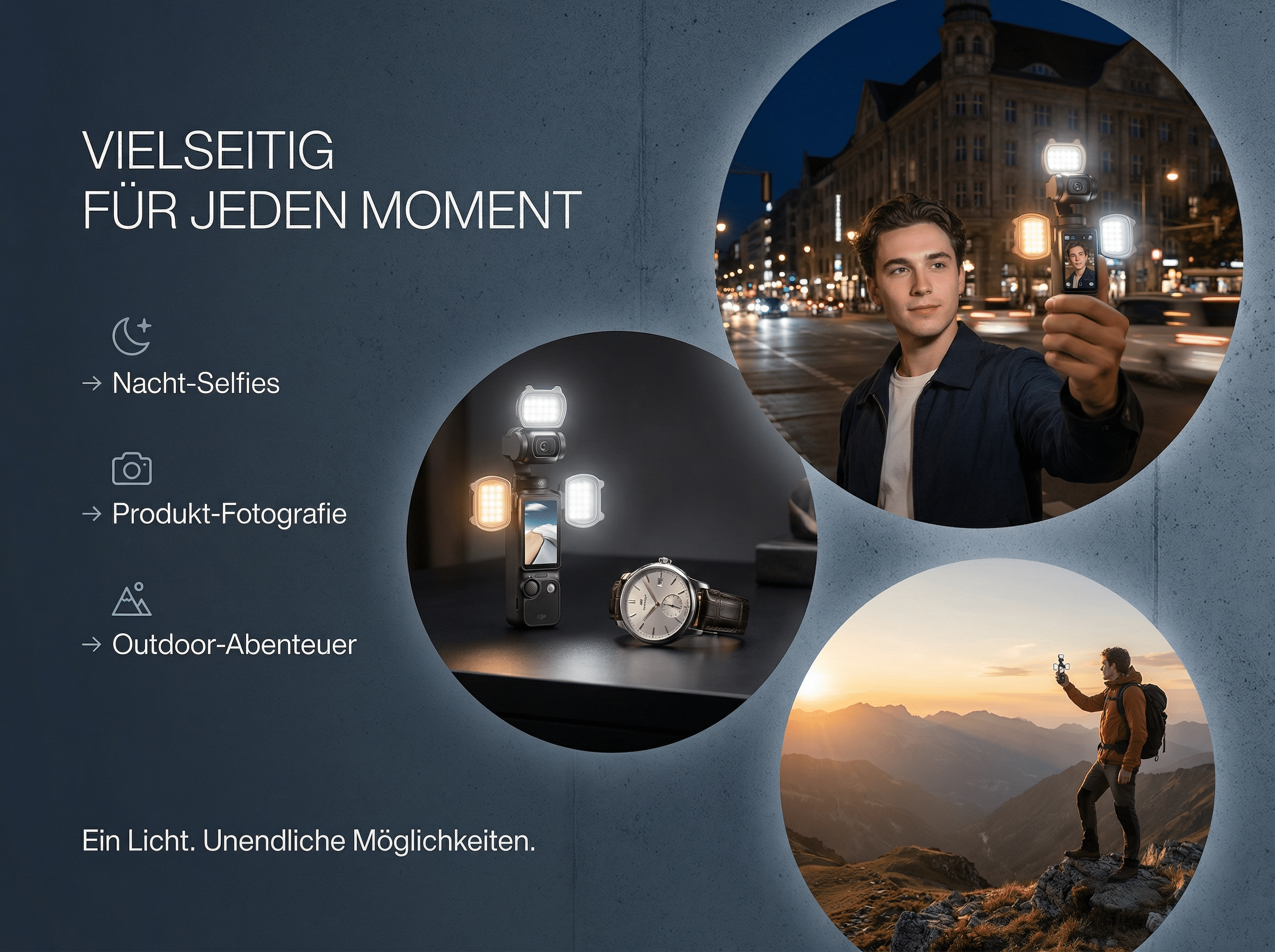 Ein Mann hält eine Kamera, die ein Selfie anzeigt, vor einer Stadt bei Nacht.
