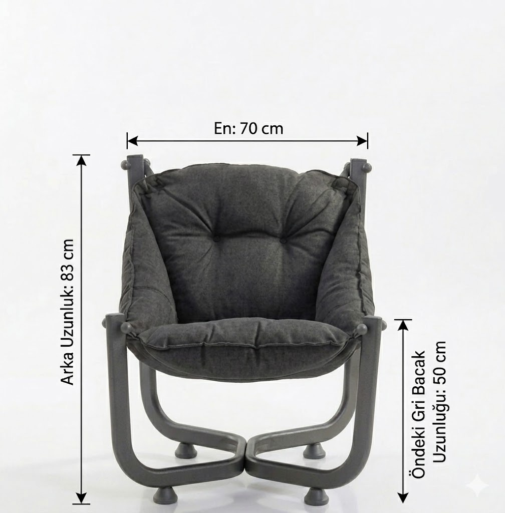 Koyu gri berjer, ölçüleri belirtilmiş. Genişlik: 70cm, Arka Yükseklik: 83cm, Ön Bacak Uzunluğu: 50cm.
