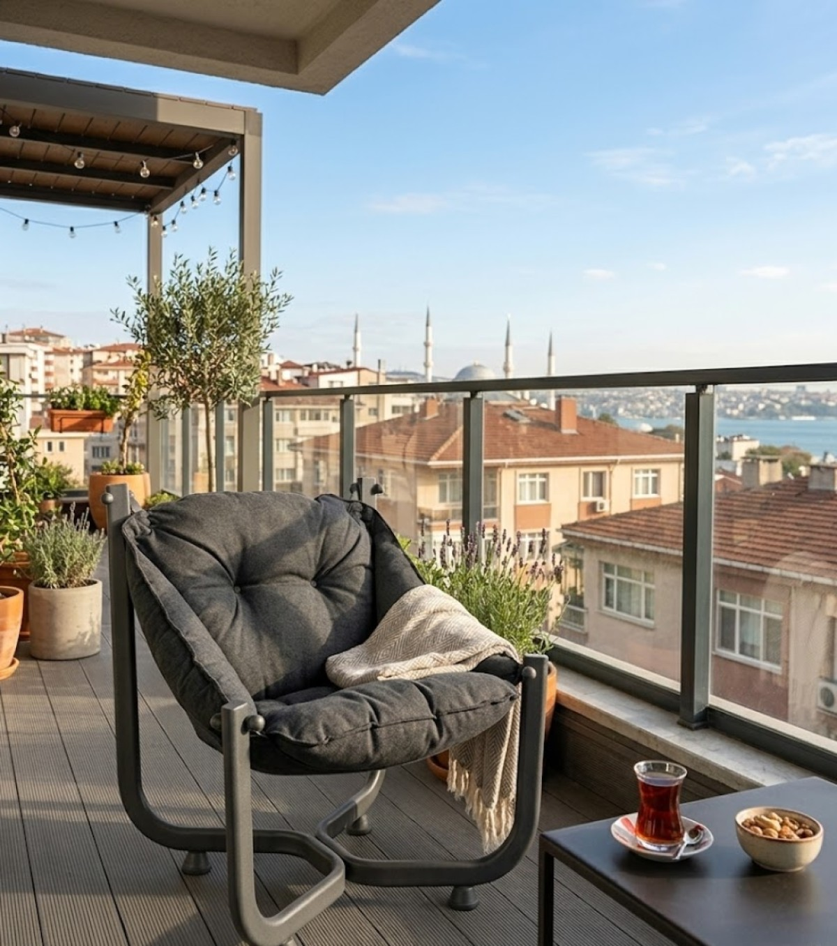 Bir şehir ve nehir manzaralı balkonda koyu renkli bir koltuk.