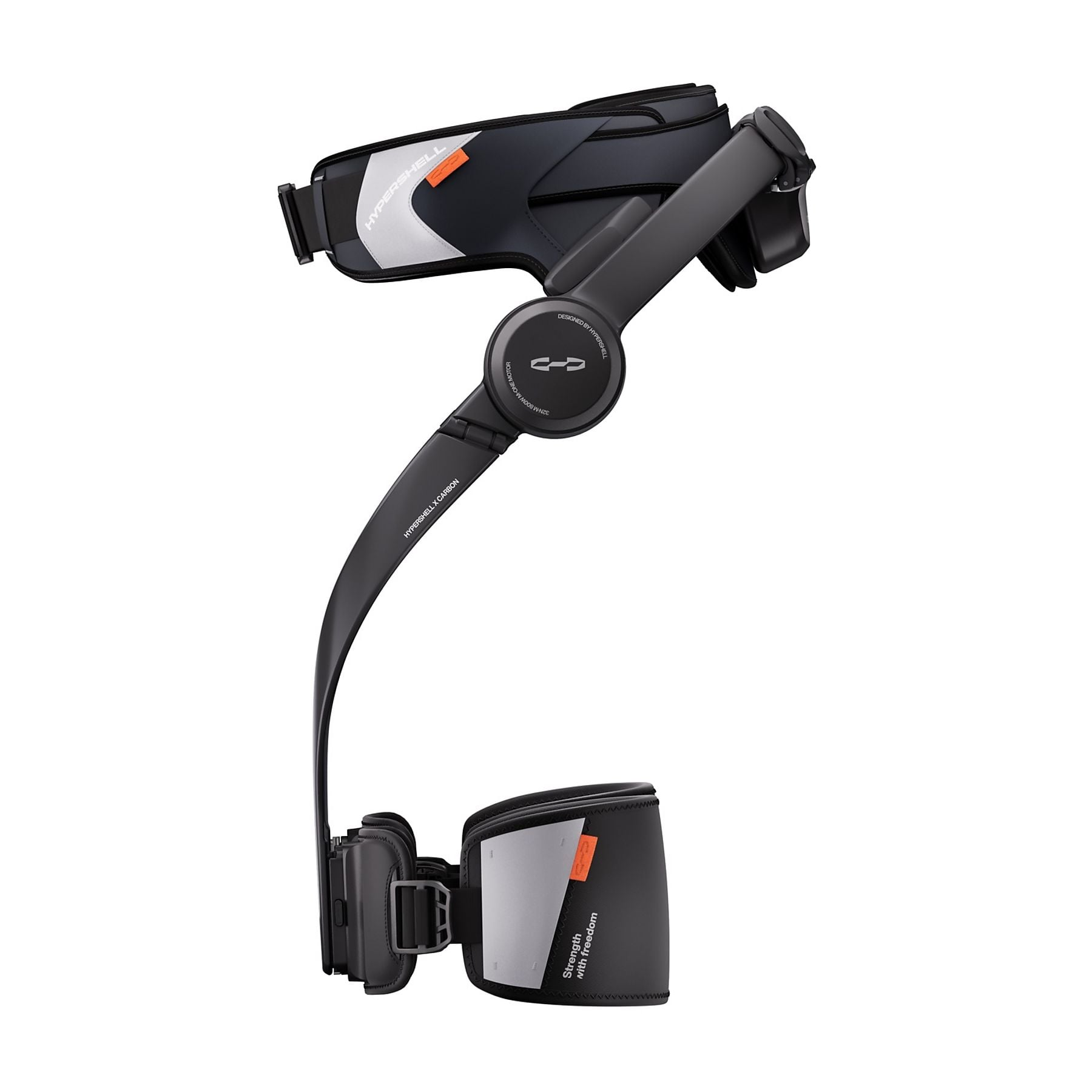 Ginocchiera nera con accenti argento e arancio, con testo.