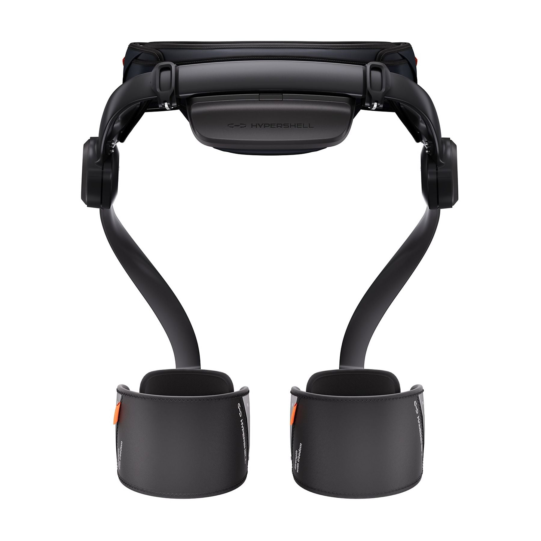Esoscheletro nero Hypershell con due gambali e cinghie in velcro imbottite.