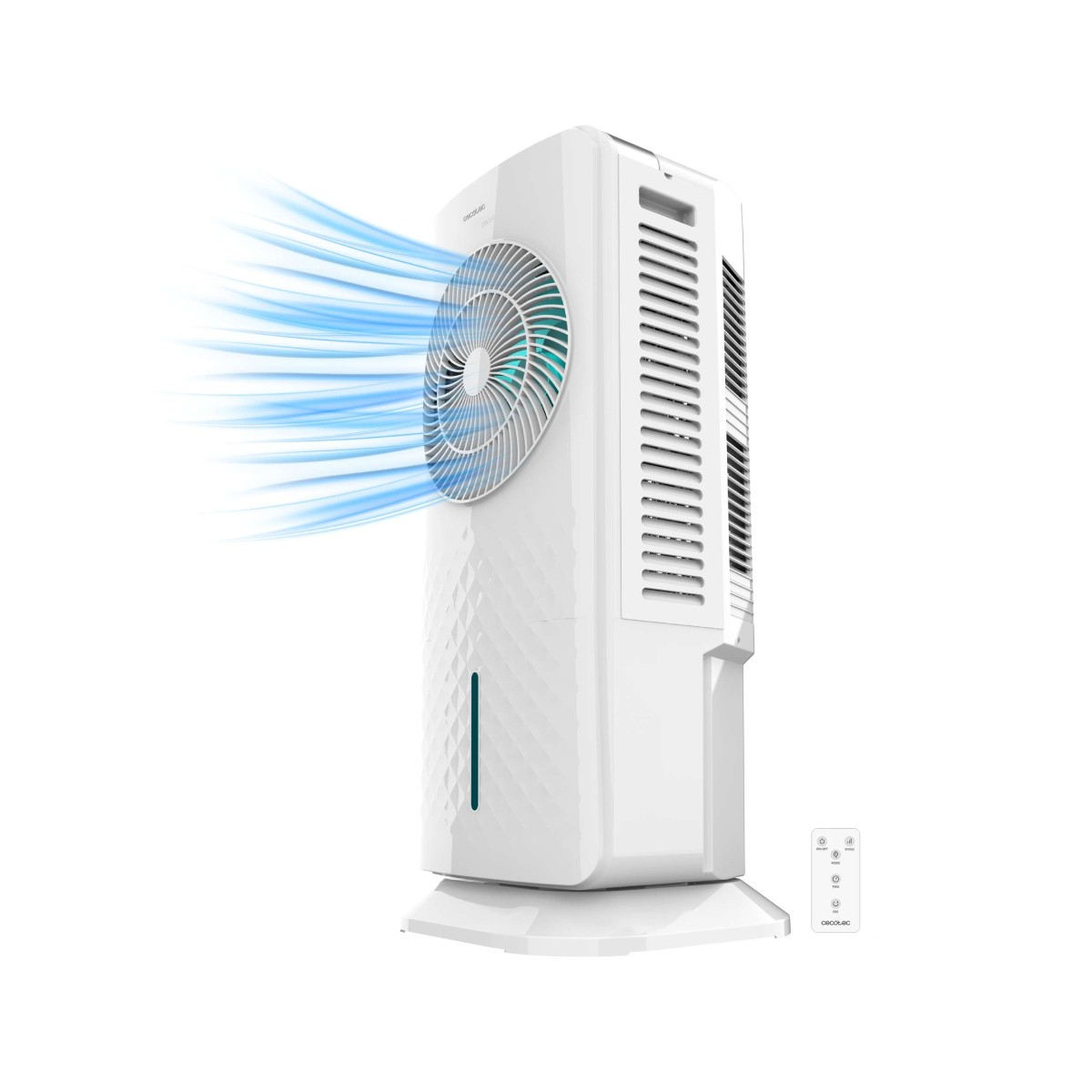 Un climatizzatore bianco con flusso d'aria blu e telecomando.