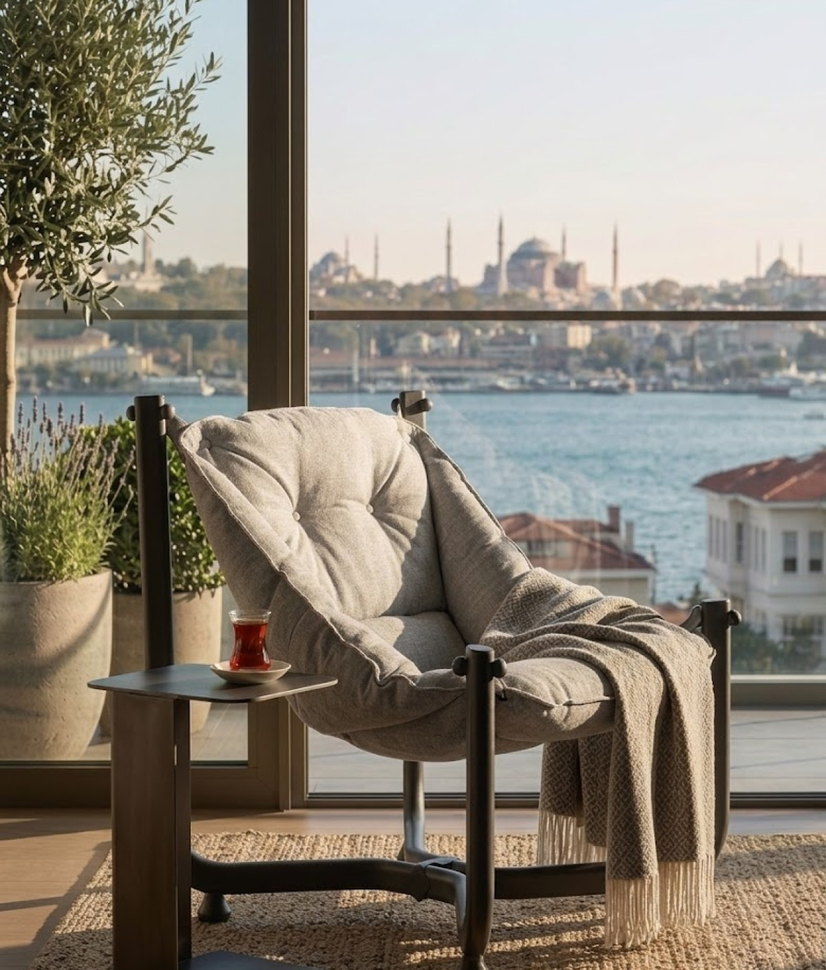 Deniz ve İstanbul manzaralı pencere önünde, halı üzerinde battaniyeli, çay bardaklı koltuk.