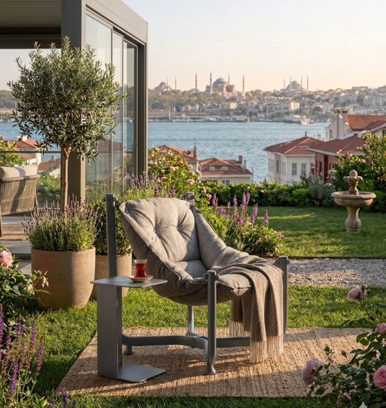 Bahçede battaniyeli bir koltuk, su ve kubbelerle kaplı şehir manzaralı.