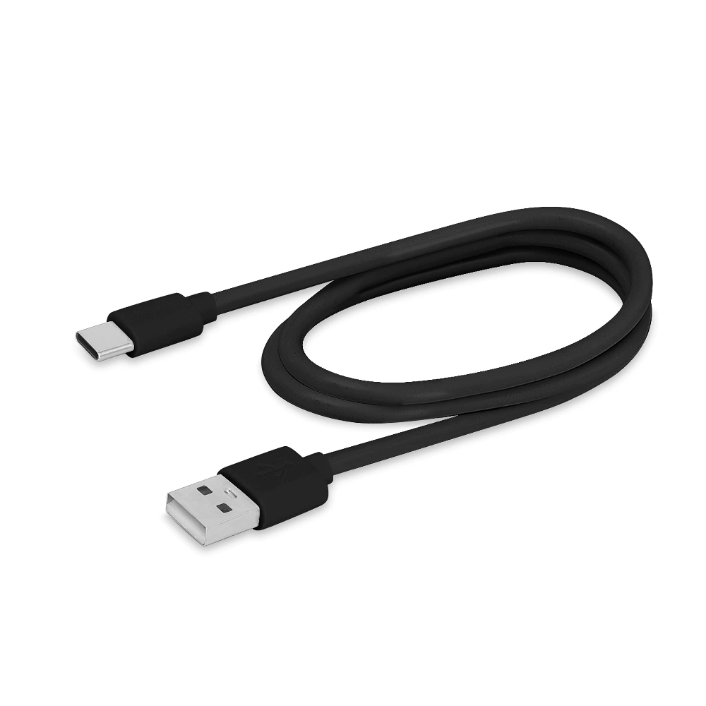 Beyaz zeminde siyah bir USB-A - USB-C kablosu gösteriliyor.