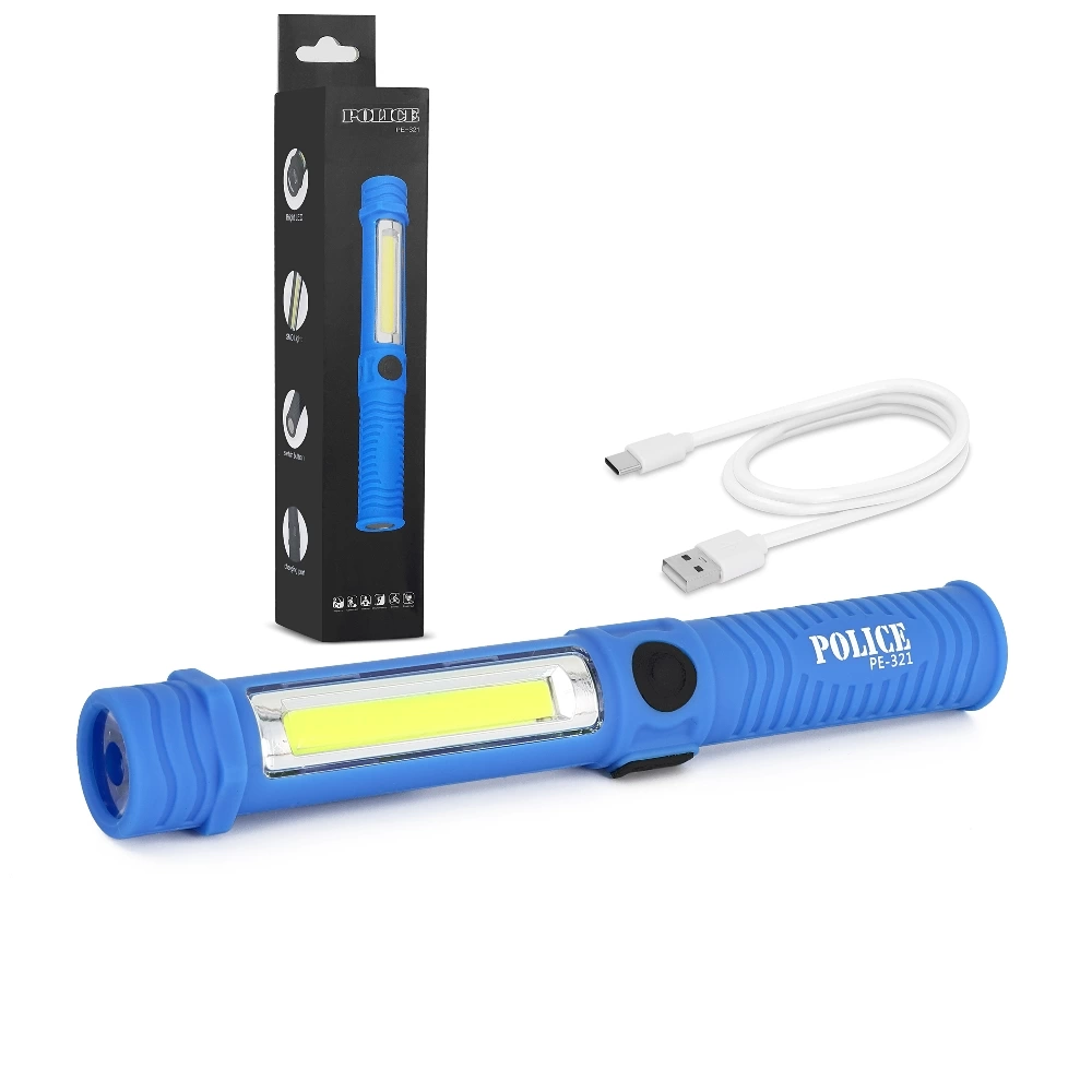 COB ışıklı mavi LED işçi lambası, USB şarj kablosu ve kutusu.
