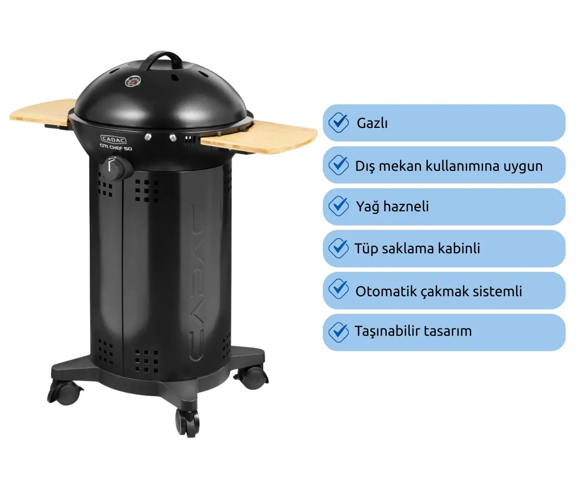 Ahşap yan sehpaları, tekerlekleri ve özellikleriyle siyah gazlı ızgara.