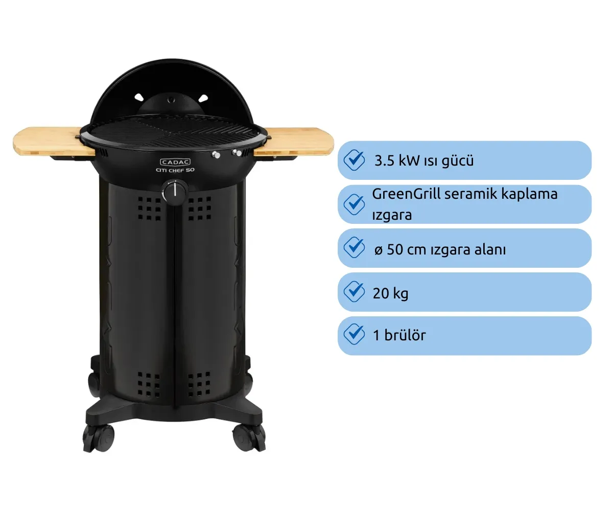 Ahşap yan sehpali siyah mangal, 3,5 kW, 50 cm pişirme alanı özellikleri.