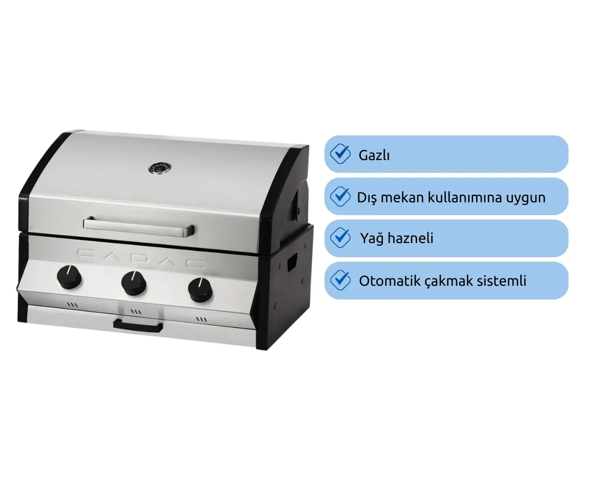 Siyah detaylı, üç düğmeli gümüş gazlı barbekü.